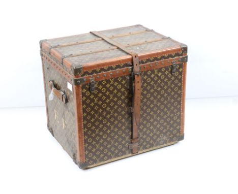 Louis Vuitton Leather Bound Wooden Trunk or Square Suitcase, the hinged lid opening to two lift out trays, the leather exteri