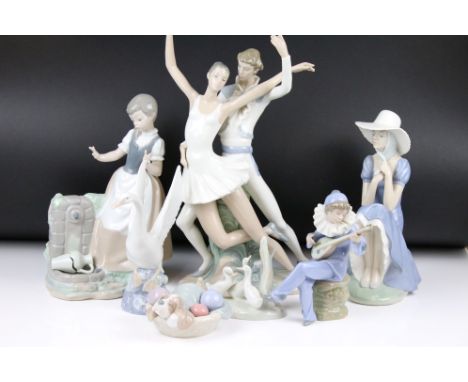 Seven Nao figures, to include: a dancing couple, height 41cm, a girl at a water fountain with a broken ewer, height 29cm and 