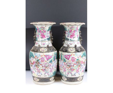 Pair of Chinese Crackle Glaze Baluster Vases decorated in the Famille Rose palette with warriors in battle, moulded temple do