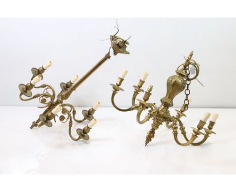 Two gilt metal six branch central hanging light fittings in the 18th century style. 