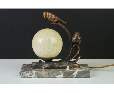 Art Deco French Table Lamp with globular mottled glass shade and two copper effect birds, raised on a marble base, 22cm long 