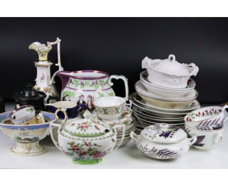 19th century floral encrusted ewer, a Parian Ware button dish, lid and stand &amp; a group of 19th century English porcelain,