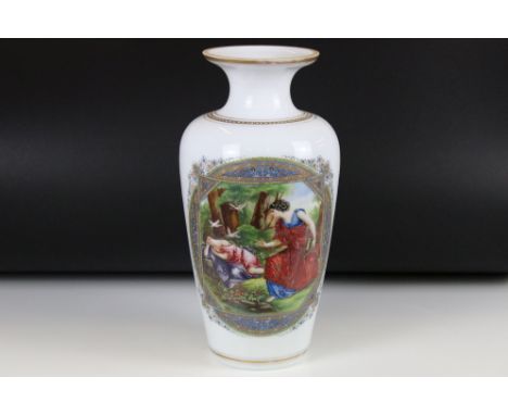 Large 19th century Opaque Glass Vase decorated with a panel of two classical figures in a woodland  framed by an enamel decor