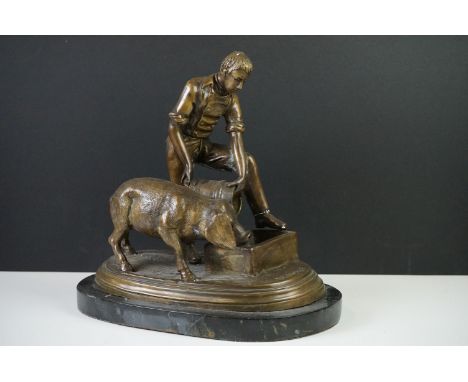 After Isidore Jules Bonheur, Bronze Figure of a Farmer feeding a pig, impressed Bonheur, raised on a marble socle base, 27cm 