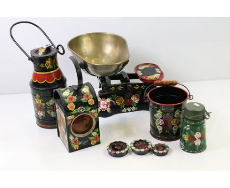 A group of hand decorated barge ware items to include kitchen scales, churn, bucket and hazard lamp together with a small fla