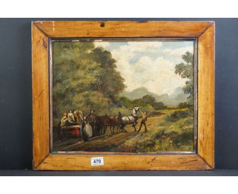 K Burtonshaw oil on canvas, a traditional country landscape with country folk &amp; horse and cart 