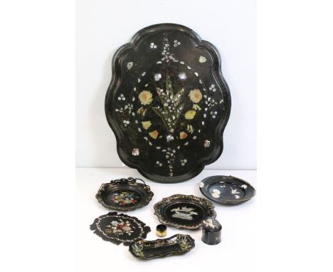 Collection of mainly 19th century Black Lacquered Papier Mache items including Shaped Hanging Panel with mother of pearl inla