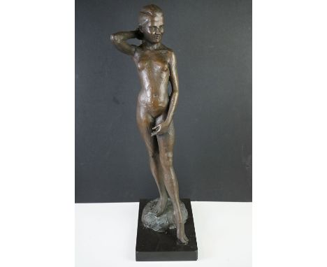 Enzo Plazzotta (1921-1981) Bronze Figure of a Naked Woman on a Polished Slate Base, signed with typical lozenge mark ' Plazzo
