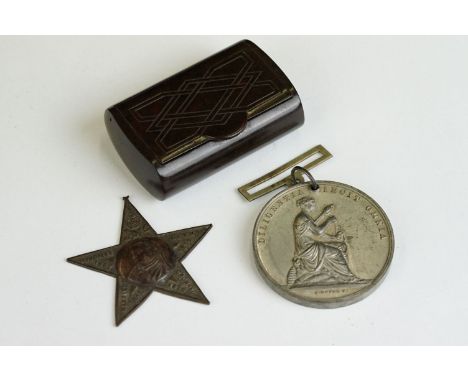 An early 20th century bakelite pocket snuff box together with a antique general improvement medal and a Queen Victoria star p