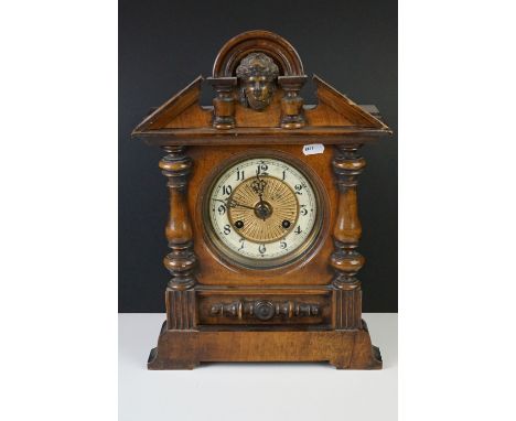 Early 20th century Walnut Mantle Clock, 8 day, the white enamel and gilt face with Arabic numerals, 43cm high 