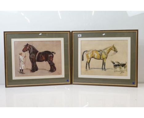 Two Cecil Aldin Horse Prints including a Man showing a Shire Horse and a Hunter with Two Hounds, each 38cm x 50cm, framed and