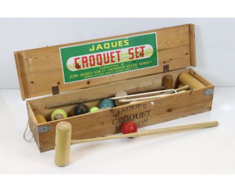 Jaques of London Croquet Set in it's original pine box, stamped to the outside and with paper label to interior of lid, with 