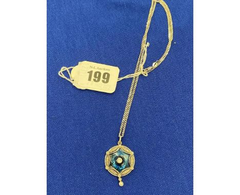 An 18ct gold yellow gold white pendant, enamel and Diamond centre, 18ct Gold chain