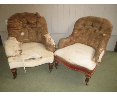 Pair of Victorian walnut button back chairs by Gillow, each with fluted tapering legs to the front (both in need of reupholst