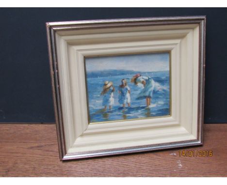 An impressionist oil painting portrait of children at the seaside beachcombing 19cm x 24cm