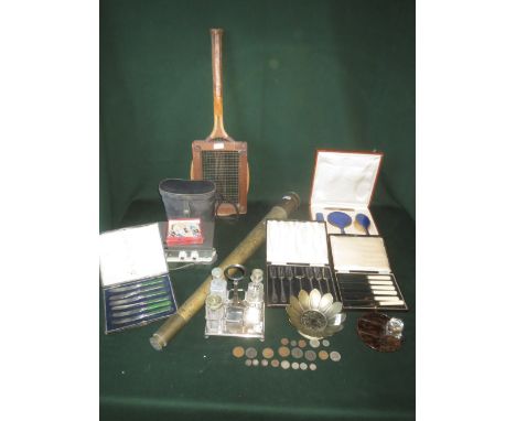 Quantity of various collectables and bric a brac including vintage wooden tennis racket, brass telescope and mixed plated ite