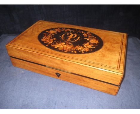 C19th continental walnut floral marquetry inlaid rectangular backgammon box initialled with counters and shakers