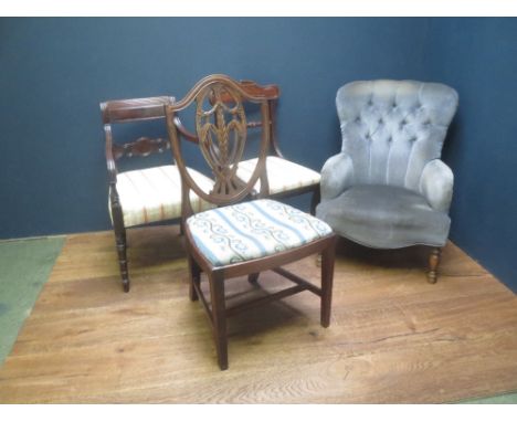 Edwardian button back arm chair and 3 mixed dinning chair