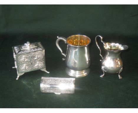 Hallmarked silver tanker by T W of London and silver cream jug and 2 white metal trinket box's 14ozt