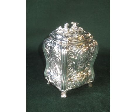 Hallmarked silver tea caddy with embossed decoration by J V of London 7ozt
Lot 169
Weight 7ozt
Size 12cmH x 8cmL
Lid function
