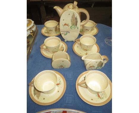 Clarice Cliff Wilkinson Ltd bonjour 15 piece coffee service painted with trees and foliage