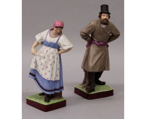Pair of Russian biscuit porcelain figures by the Gardner Family (late C19th), each realistically modelled comprising a woman 