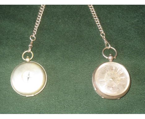 Hallmarked silver open face pocket watch with compass and collapsible beaker and silver chain and fob