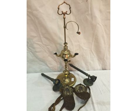 A 19th century brass four-branch oil lamp; together with a pair of brass candle sconcers