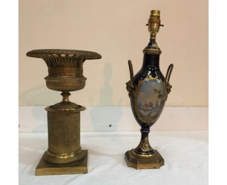 A 19th century style painted urn lamp and gilt brass urn