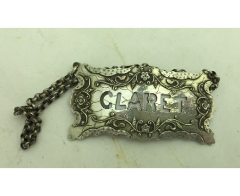 An early silver decanter label for 'Claret'