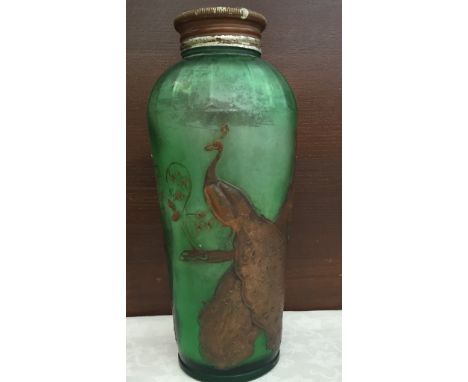 A stylish Art Nouveau lucid green baths salts jar, with label underneath "Bath Crystals, Violet, prepared by Boots, circa 192