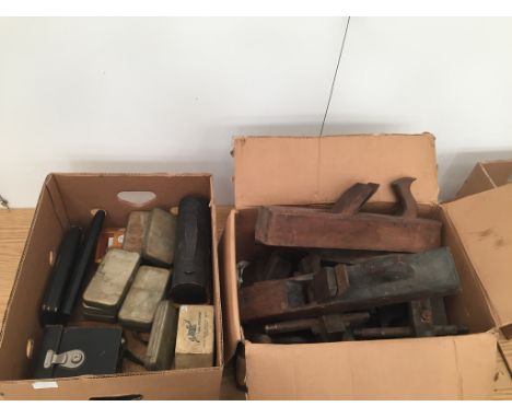 Two boxes of vintage tools: slips, rebate planes etc and tins