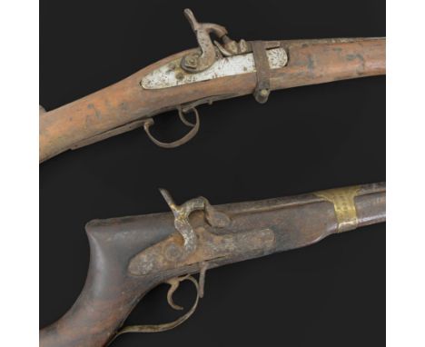 Middle Eastern percussion cap rifle, the 107cm  barrel with four brass bands and ramrod under, overall L143cm, together with 
