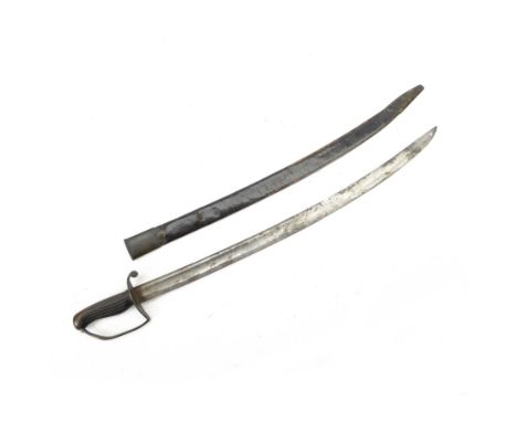 Georgian short sword, with 64cm curved single edge blade, iron guard with side loop and fluted ebony grip, with leather scabb