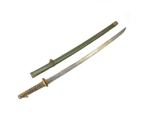 Japanese Shin Gunto Sword, with 70cm steel single edged blade, in green metal scabbard, overall L92cm