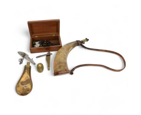 Horn powder flask, together with copper flask and a box of gun parts  