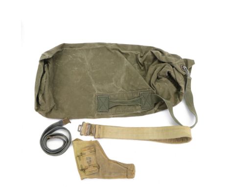 Canvas army kit bag, together with canvus officers pistol holster, and two belts