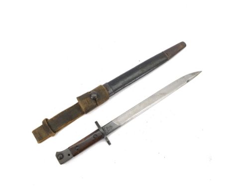 WWII Indian MKIII bayonet, in scabbard, with canvas frog, L42cm 