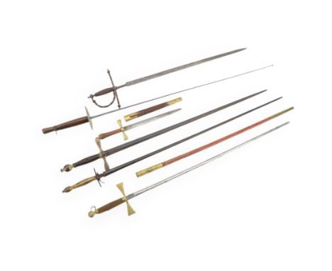 Four court swords, together with fencing foil and dagger in leather and brass scabbard 