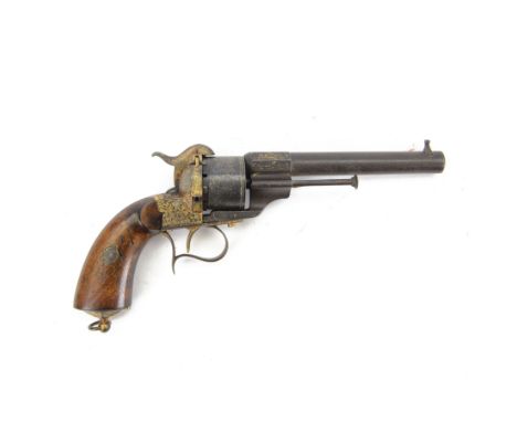 French six shot percussion and pinfire revolver, round barrel 2cm, numbered 1 F 75344 beneath and Brevete Paris on the other 