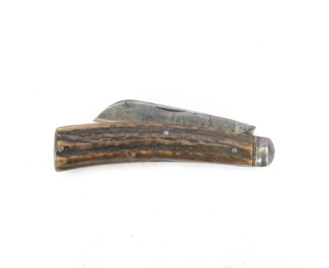 Flat bottomed pruning knife, antler scales, the blade stamped Saynor, Saynor Cooke & Ridal and verso Obtain Warranted, blade 