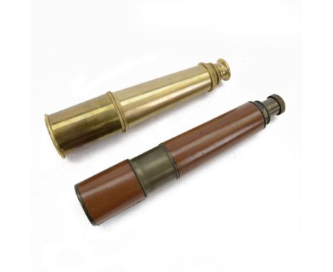 British WWII brass and leather telescope, marked tele. sct. regts mkII, with broad arrow,  mark, together with a brass three 