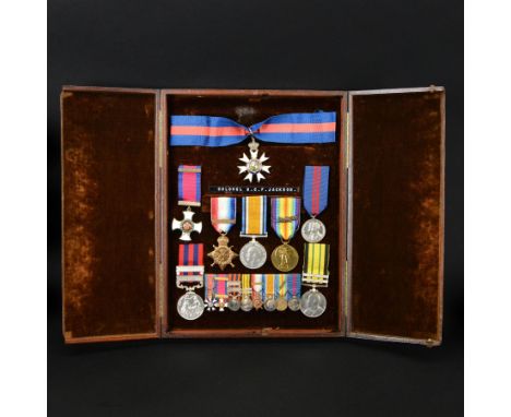 Colonel S.C.F Jackson 1st battalion Hampshire Regiment, group of eight medals and corresponding miniatures in display case, c