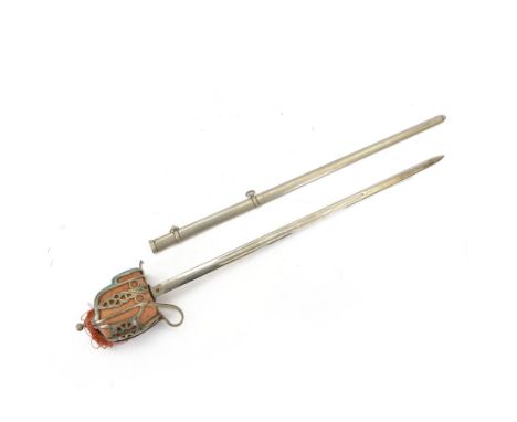 Reproduction Scottish basket infantry sword, 1828 pattern, the L79cm blade, etched with thistles and scroll work, dome pommel