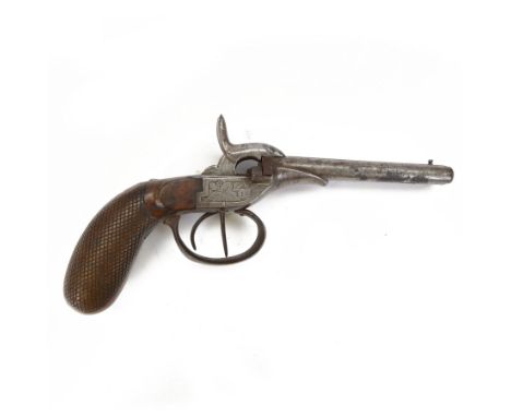 19th century side by side percussion pistol, with double hammers and triggers and foliate engraved action, with chequered and