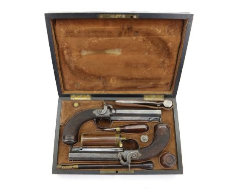 Pair of English officer's percussion cap belt pistols, cased, circa 1840, by Charles and Henry Egg, with 15 bore octagonal ba