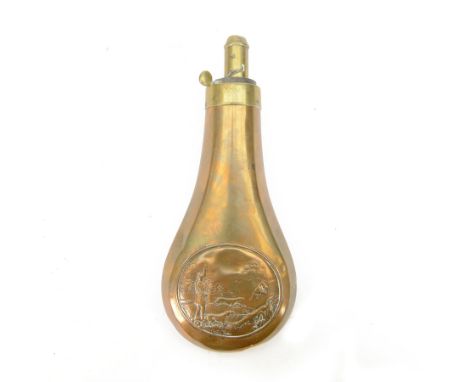 Copper gun powder flask, marked 'James Dixon & Sons' decorated in relief with hunter with pointer, L20cm