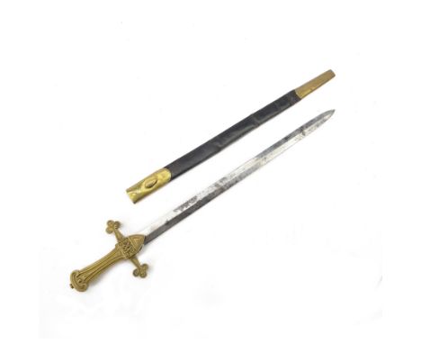 Victorian Bandsman's short sword, with 52cm double edge blade, the brass handle with VR Cypher, with brass and leather scabba