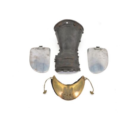 19th century French gilt brass gorget, with silvered eagle, black broadcloth backing, together with a ornamental gauntlet and