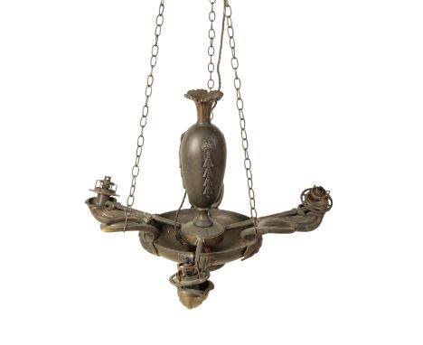A REGENCY STYLE BRONZED METAL COLZA HANGING LAMP BY ROBERT KIME previously fitted for electricity, 48cm high x 62cm wideProve